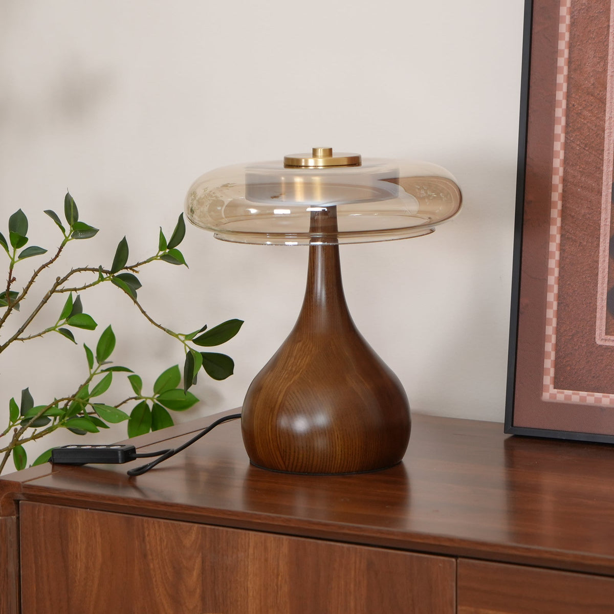 Glass Table Lamp Brass and Wood Base Three Color Temperatures Bedside