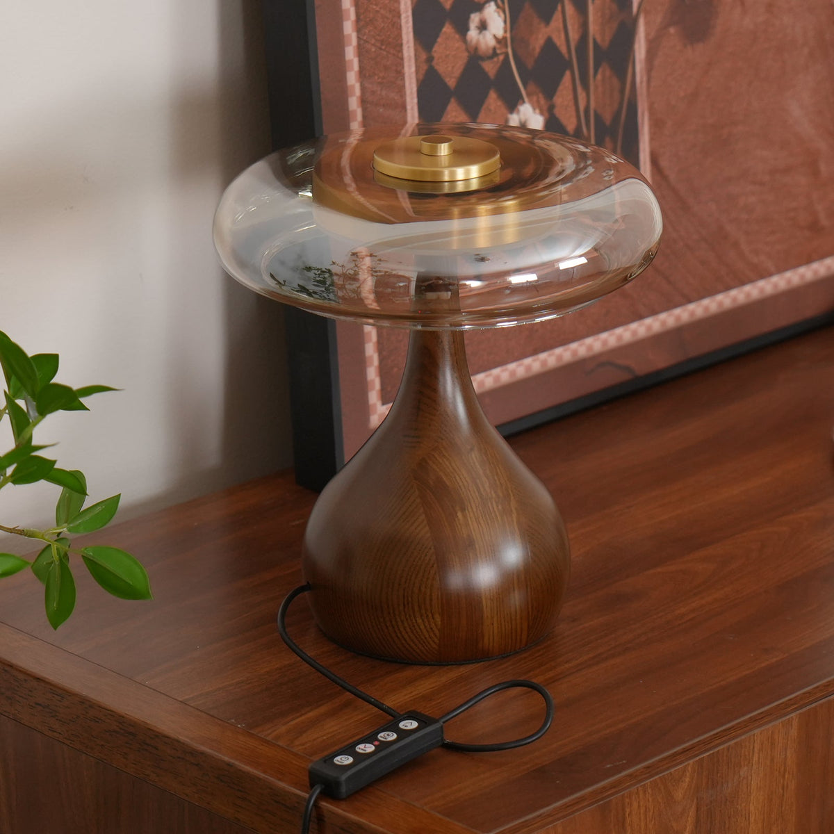 Glass Table Lamp Brass and Wood Base Three Color Temperatures Bedside