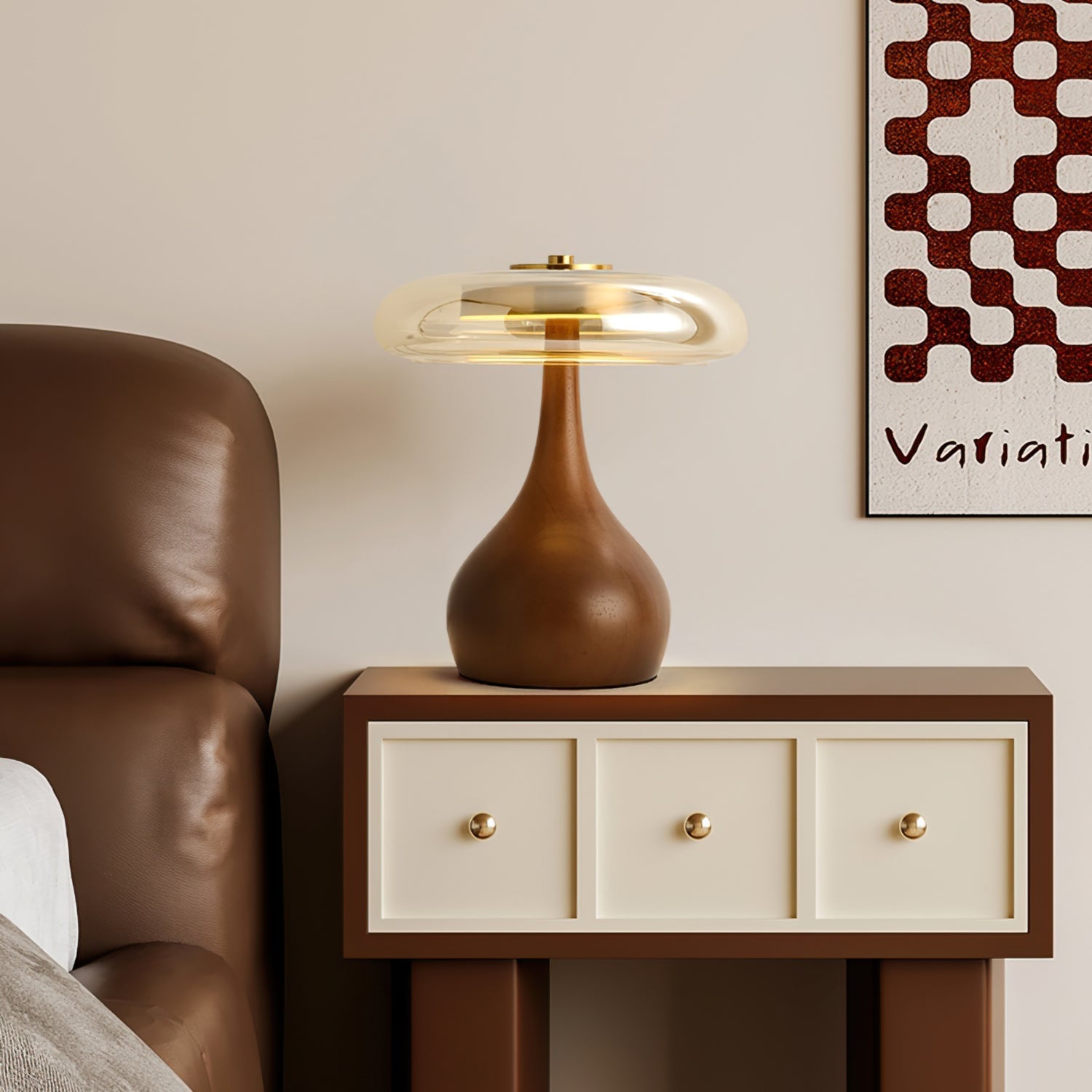 Glass Table Lamp Brass and Wood Base Three Color Temperatures Bedside