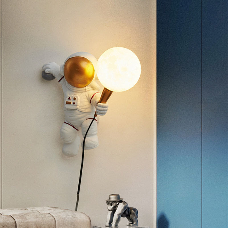 Astronaut wall lamp LED resin figure with moon ball decorative for children's room or bedroom