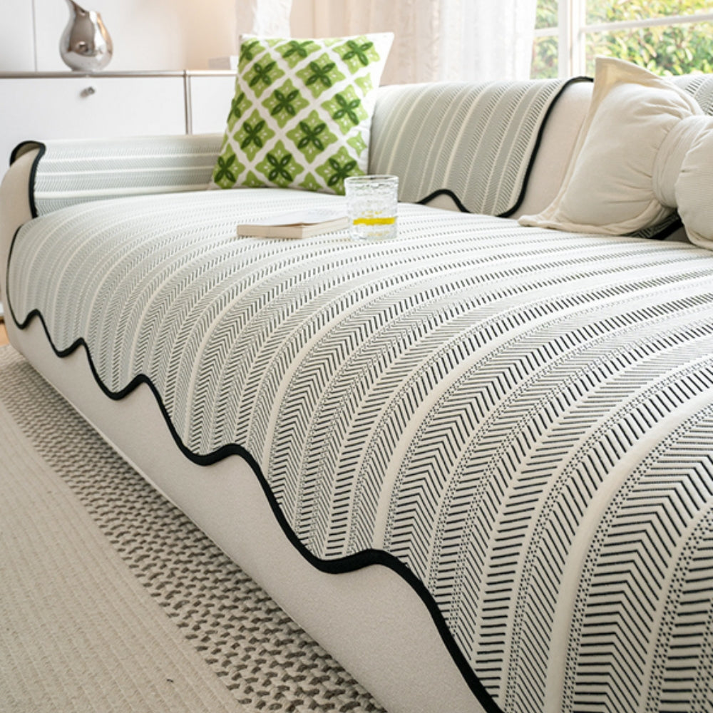 Herringbone Sofa Cover with Scalloped Edge Trim