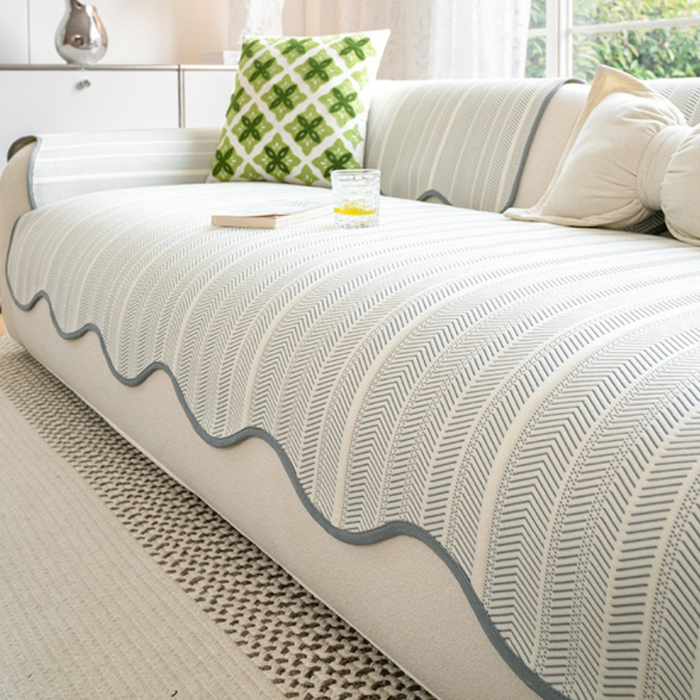 Herringbone Sofa Cover with Scalloped Edge Trim
