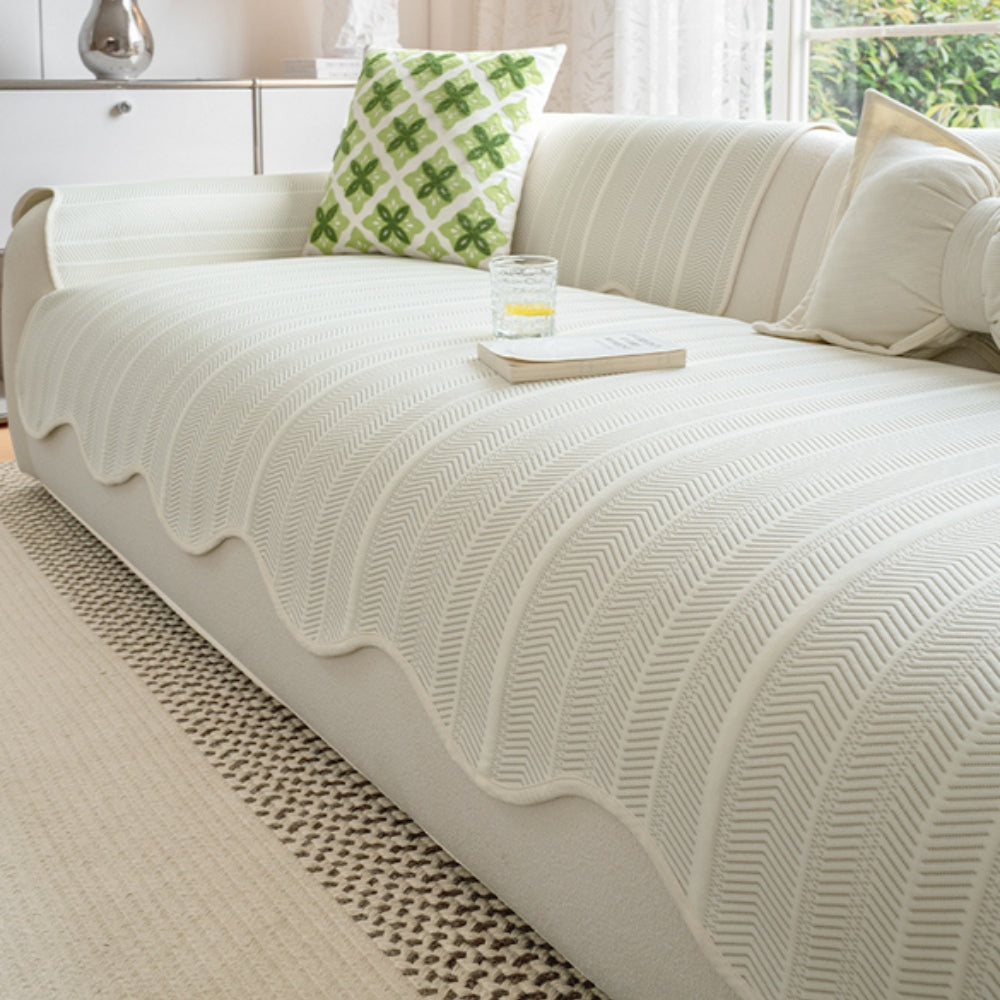 Herringbone Sofa Cover with Scalloped Edge Trim