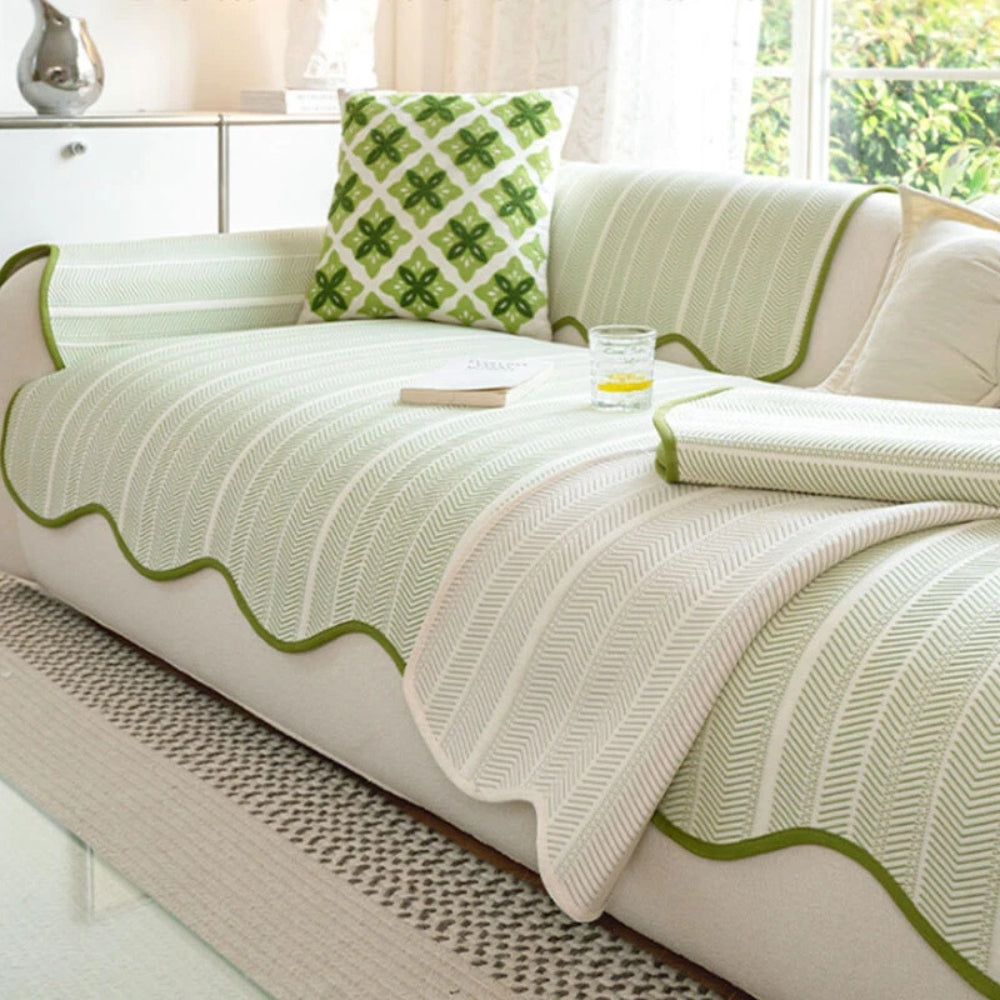 Herringbone Sofa Cover with Scalloped Edge Trim