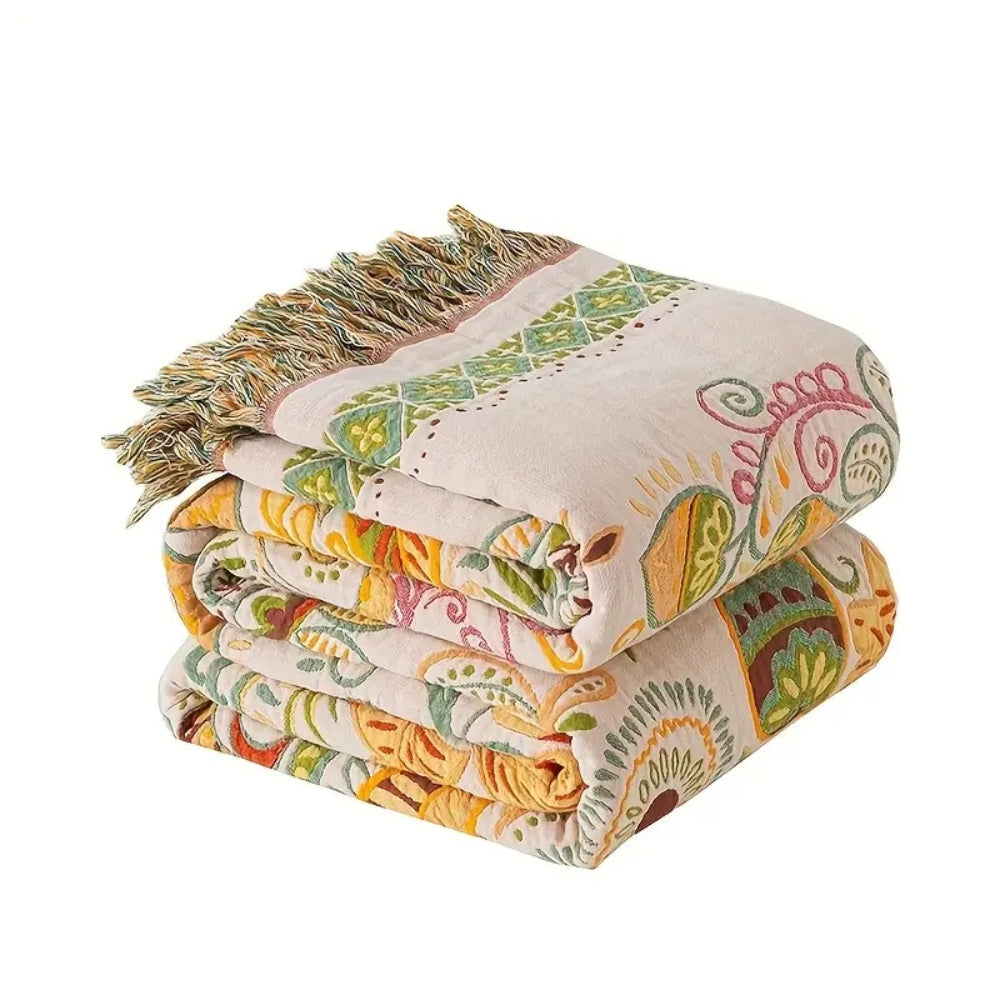 Muslin Throw Blanket Reversible Leaf Print Tasseled