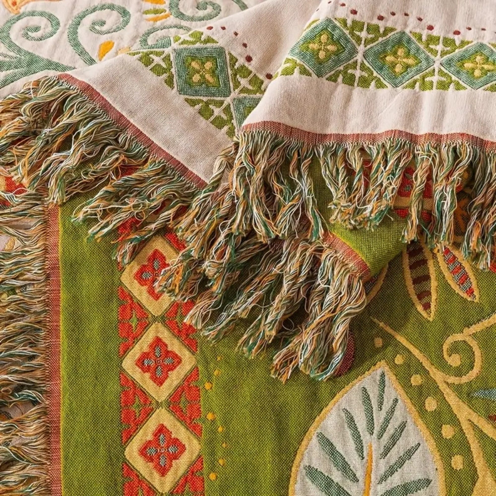 Muslin Throw Blanket Reversible Leaf Print Tasseled