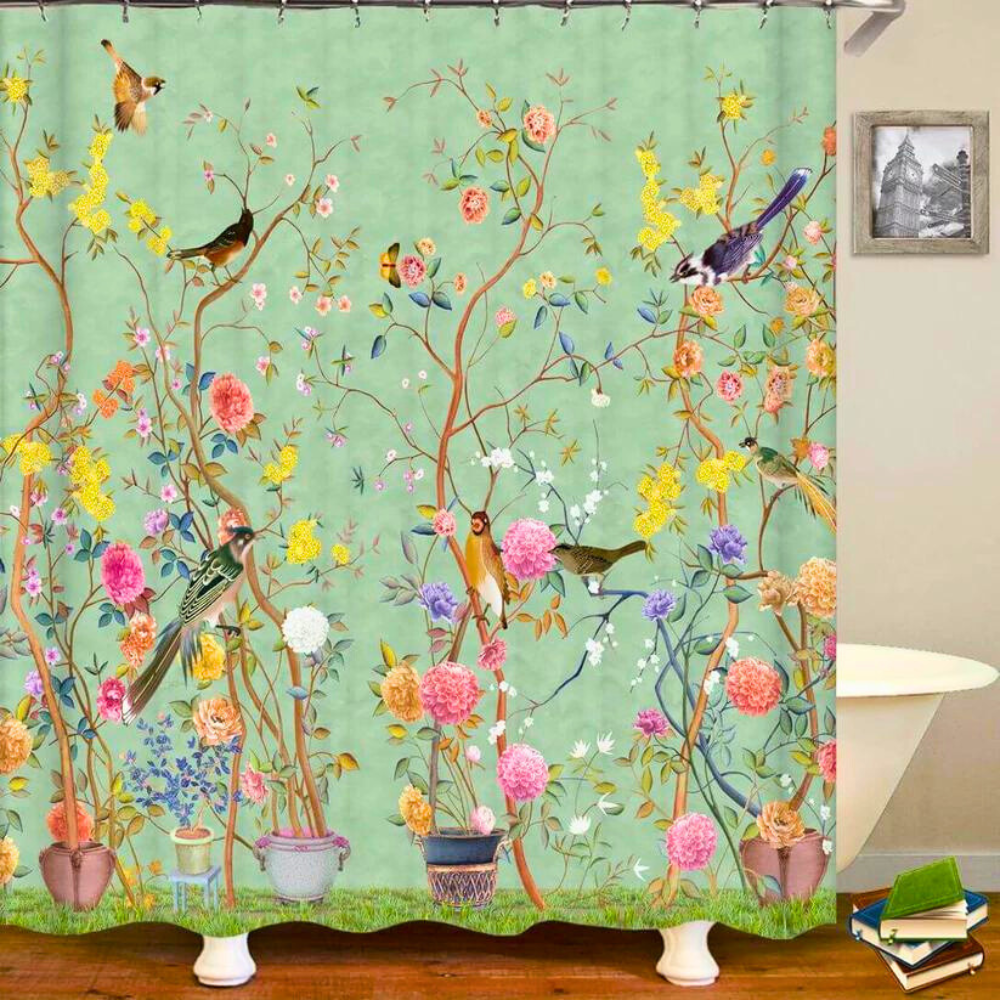 Badeforhæng med Vintage Botanisk Print – Fugle og Blomster på Grene Chinoiserie Design til Badeværelset