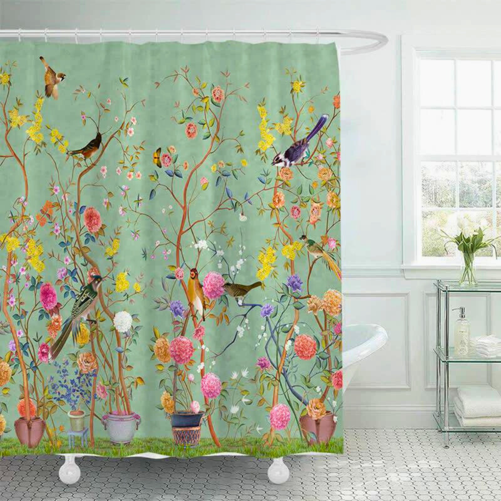 Badeforhæng med Vintage Botanisk Print – Fugle og Blomster på Grene Chinoiserie Design til Badeværelset