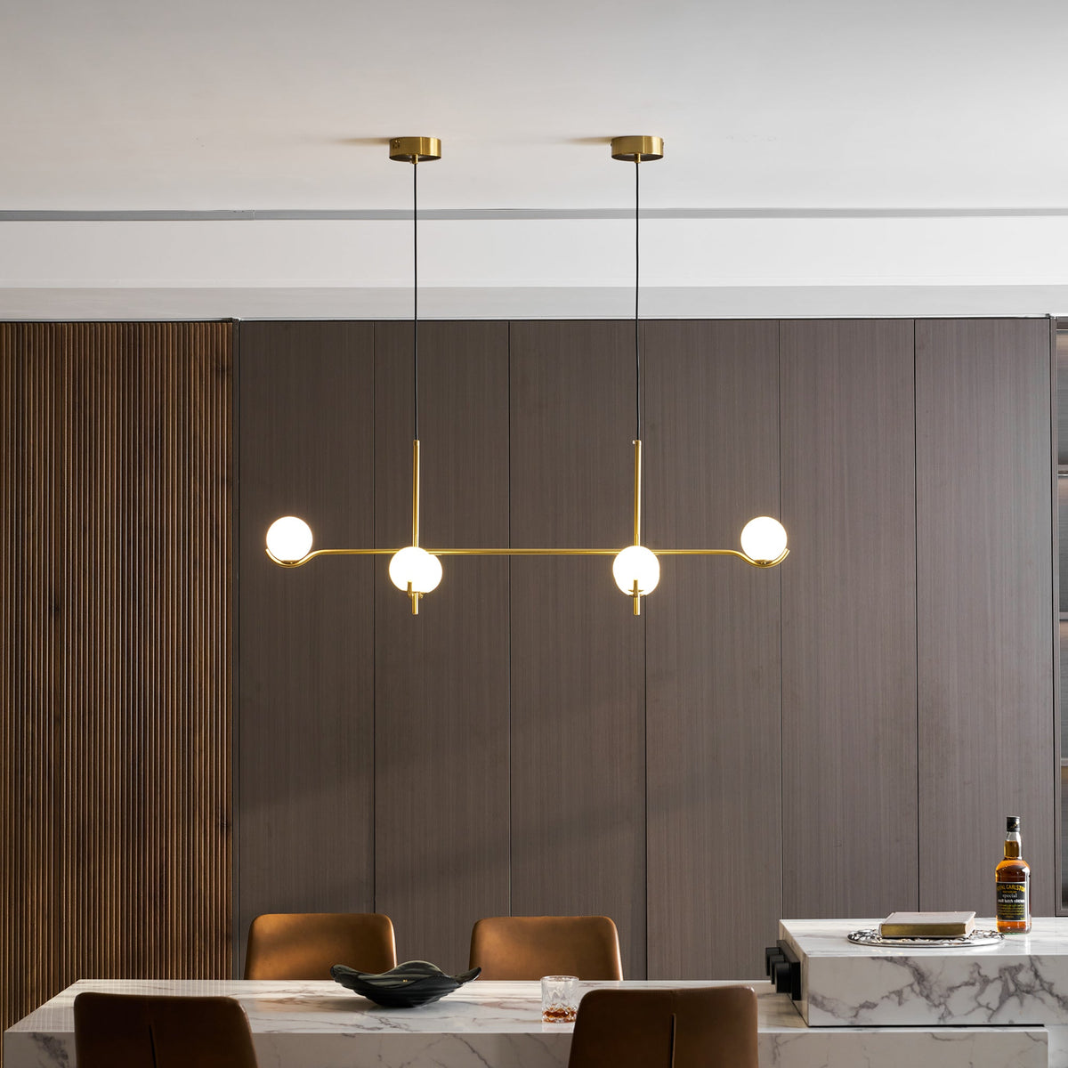 Multi Globe Pendant Light White Glass Shades on Slim Rods Dining Table
