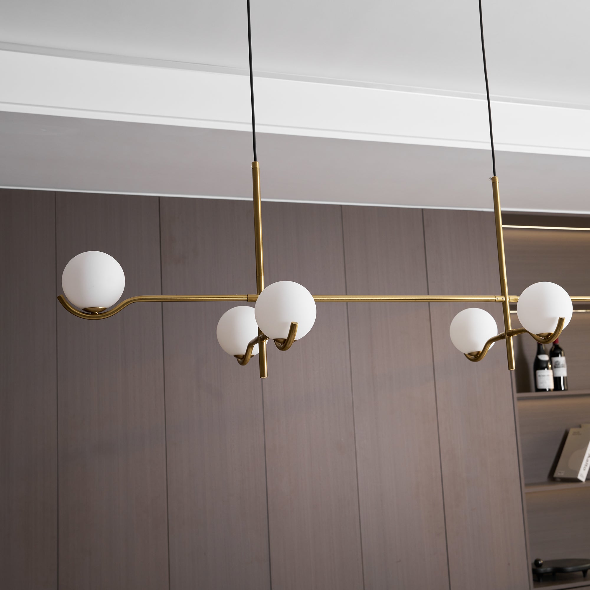 Multi Globe Pendant Light White Glass Shades on Slim Rods Dining Table