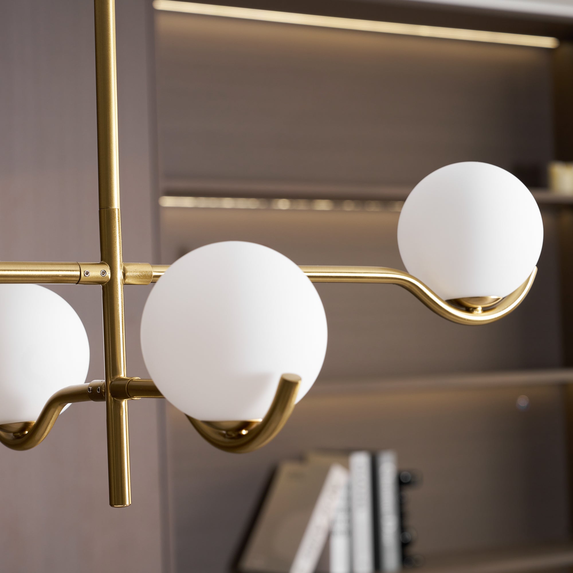 Multi Globe Pendant Light White Glass Shades on Slim Rods Dining Table