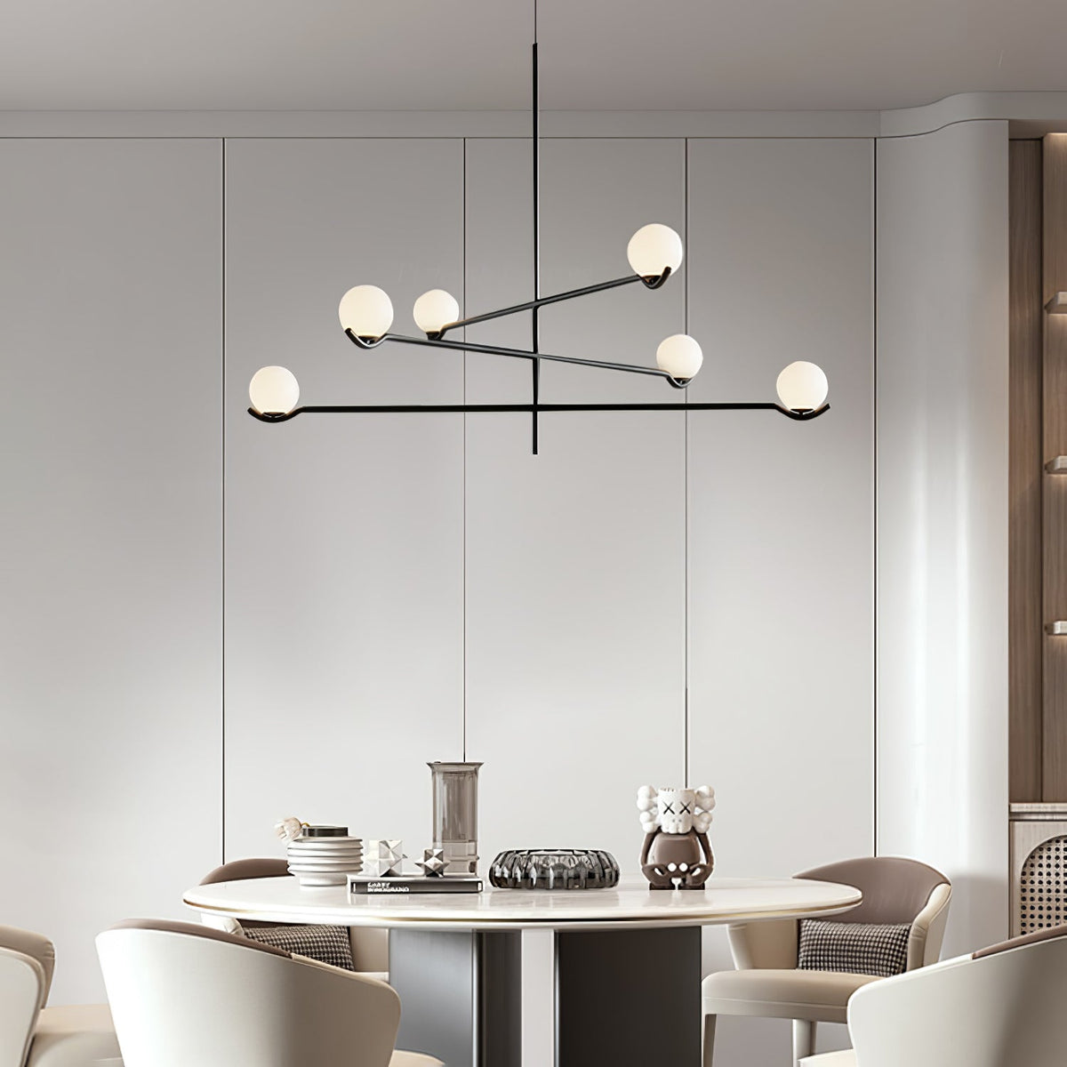 Multi Globe Pendant Light White Glass Shades on Slim Rods Dining Table