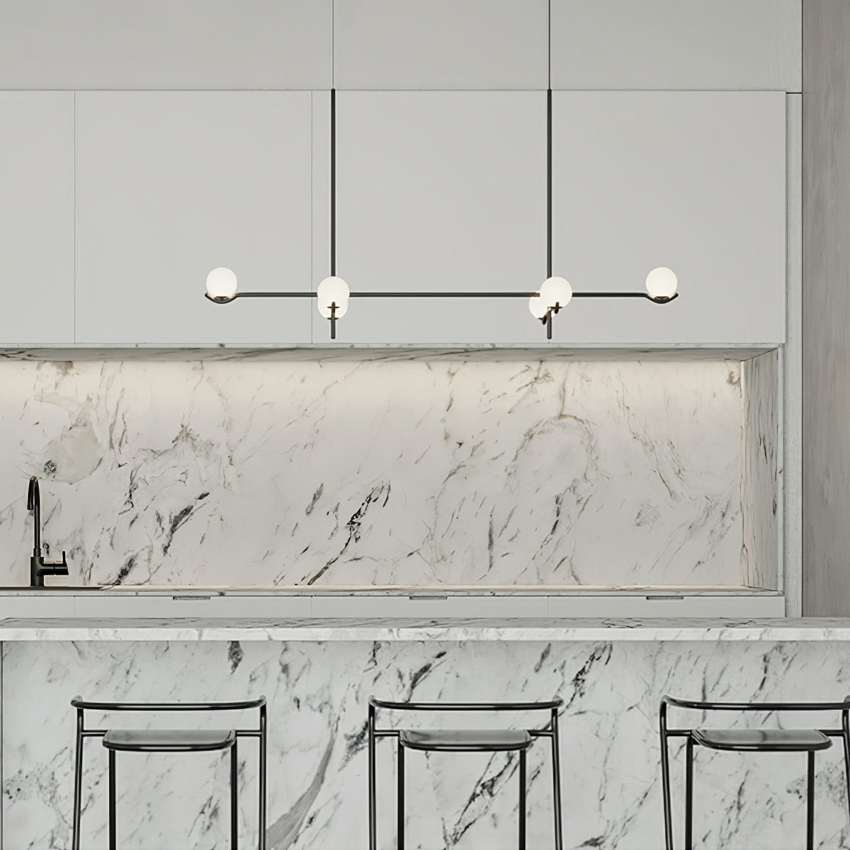 Multi Globe Pendant Light White Glass Shades on Slim Rods Dining Table