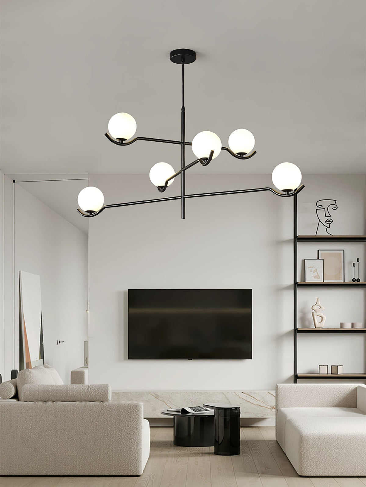 Multi Globe Pendant Light White Glass Shades on Slim Rods Dining Table
