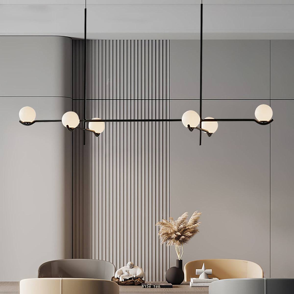 Multi Globe Pendant Light White Glass Shades on Slim Rods Dining Table
