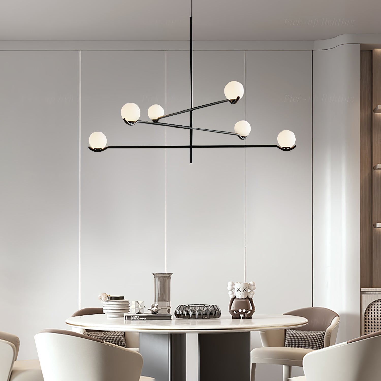 Multi Globe Pendant Light White Glass Shades on Slim Rods Dining Table