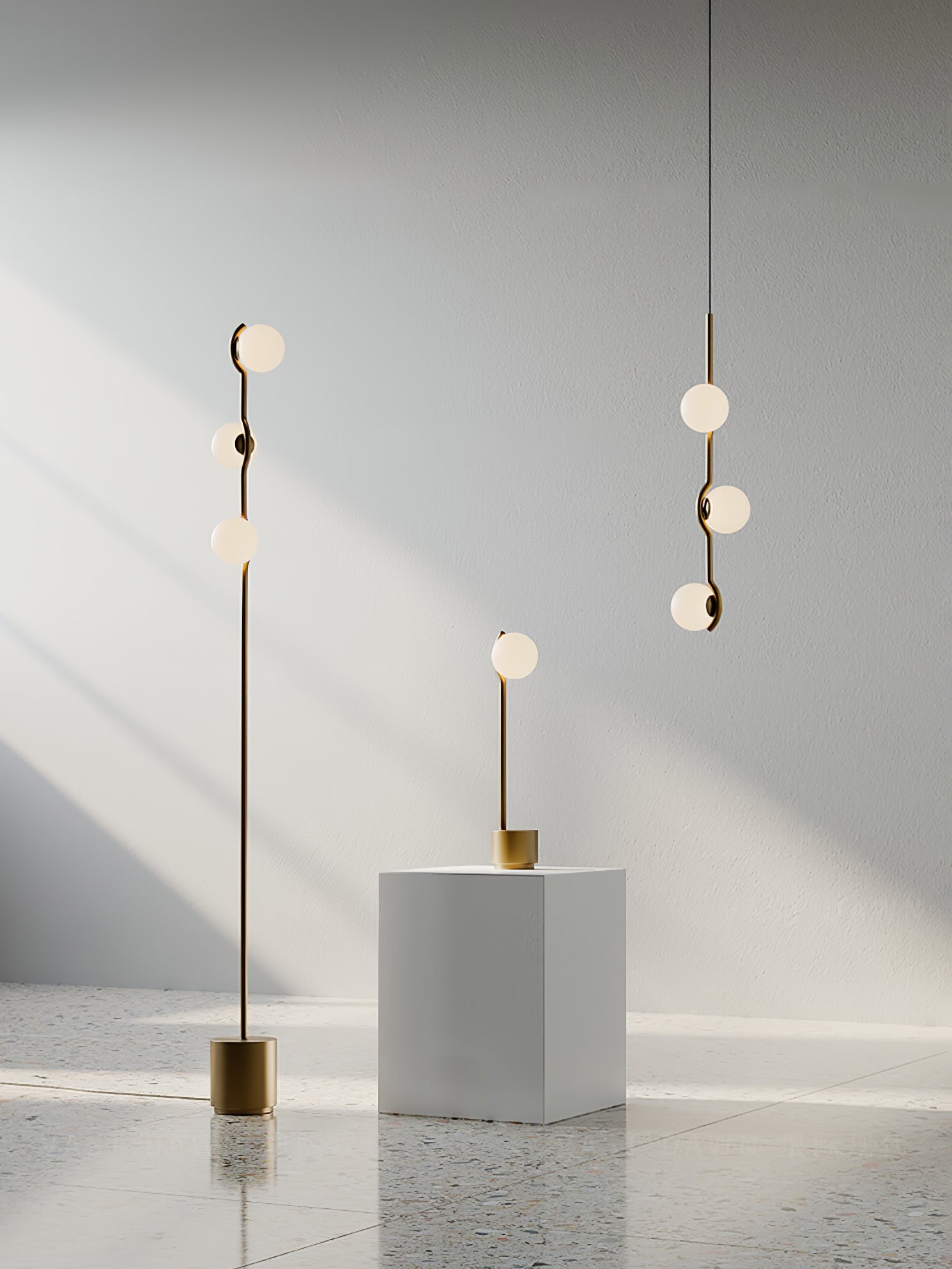 Multi Globe Pendant Light White Glass Shades on Slim Rods Dining Table