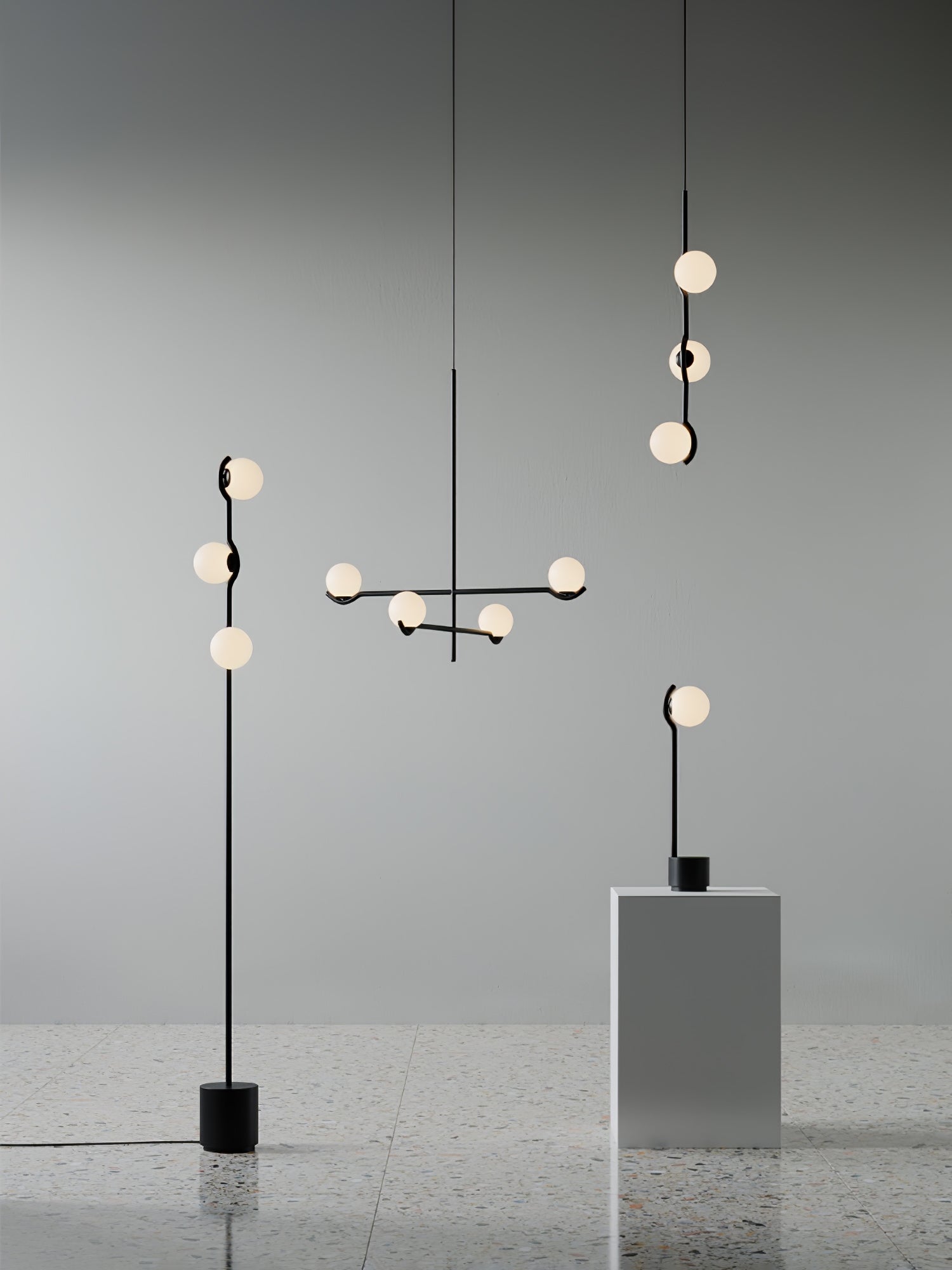 Multi Globe Pendant Light White Glass Shades on Slim Rods Dining Table