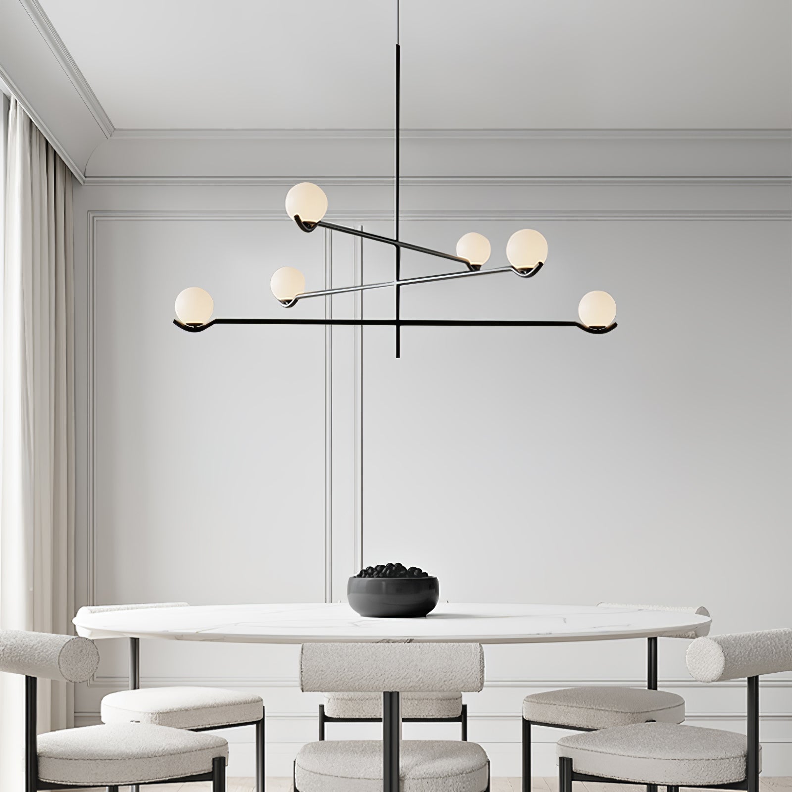 Multi Globe Pendant Light White Glass Shades on Slim Rods Dining Table