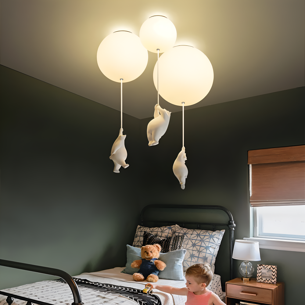 Ballonpendellampe med dyrefigur Glaskugle og skulptur