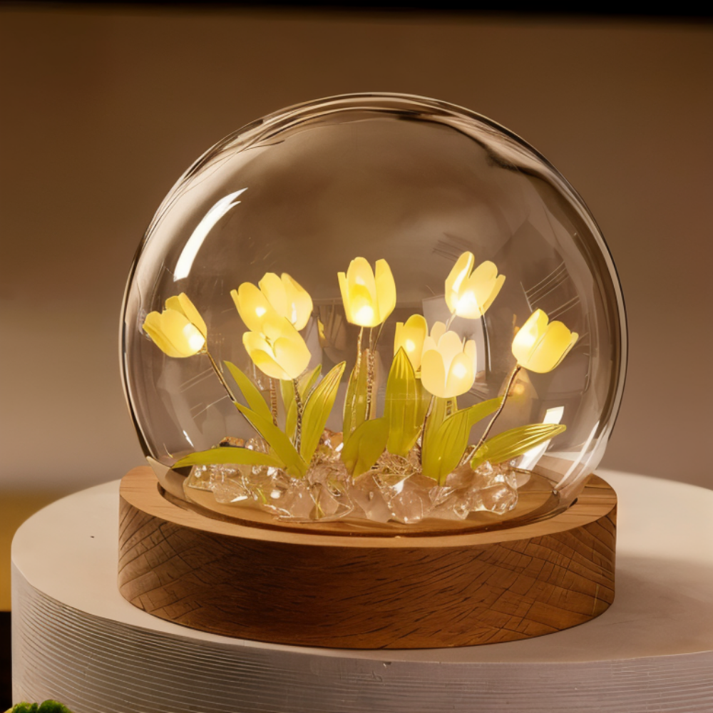Blomsterlampe lysende tulipaner under glaskuppel med træbase