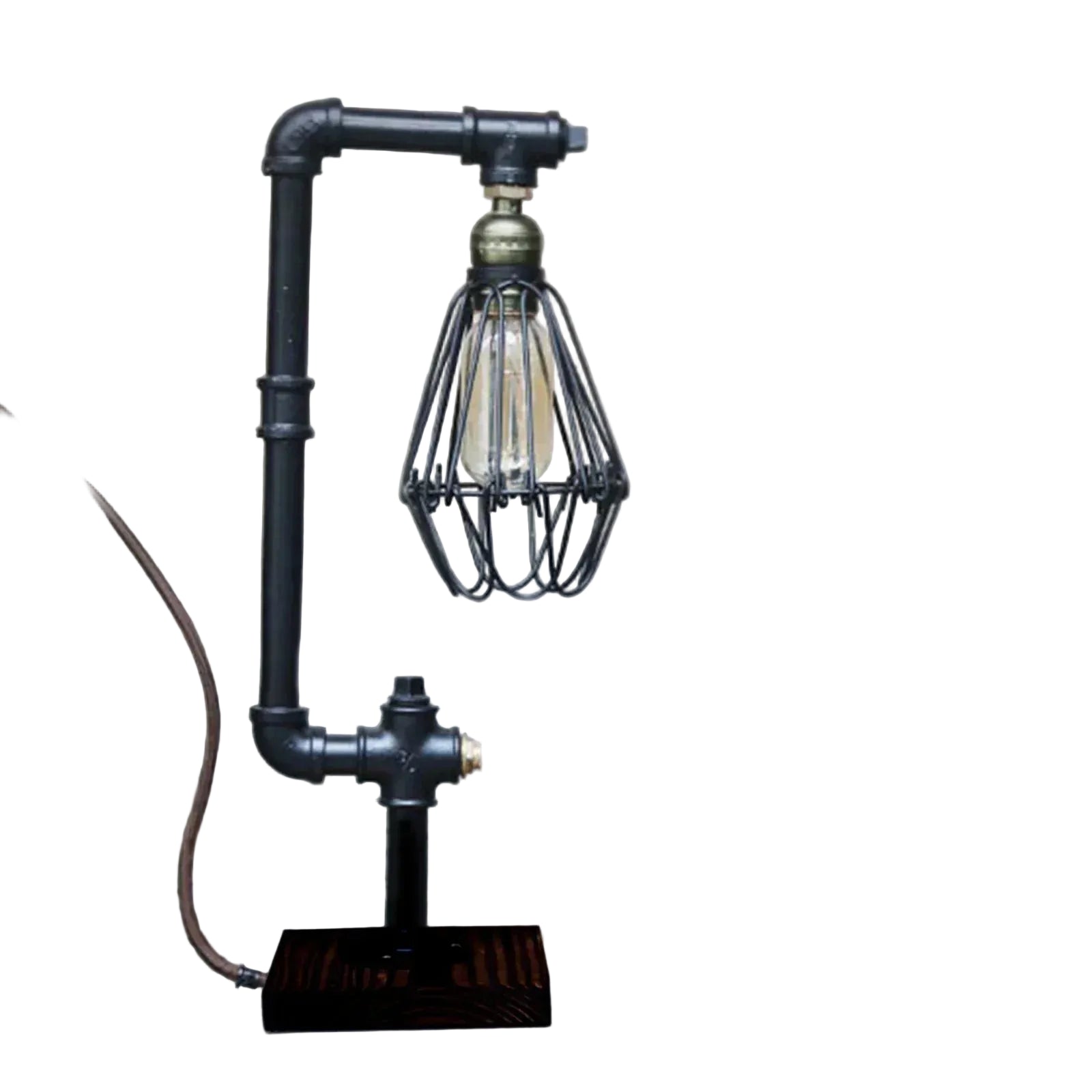 Bordlampe rørfittingsramme med trådskærm glødelampe og træbase