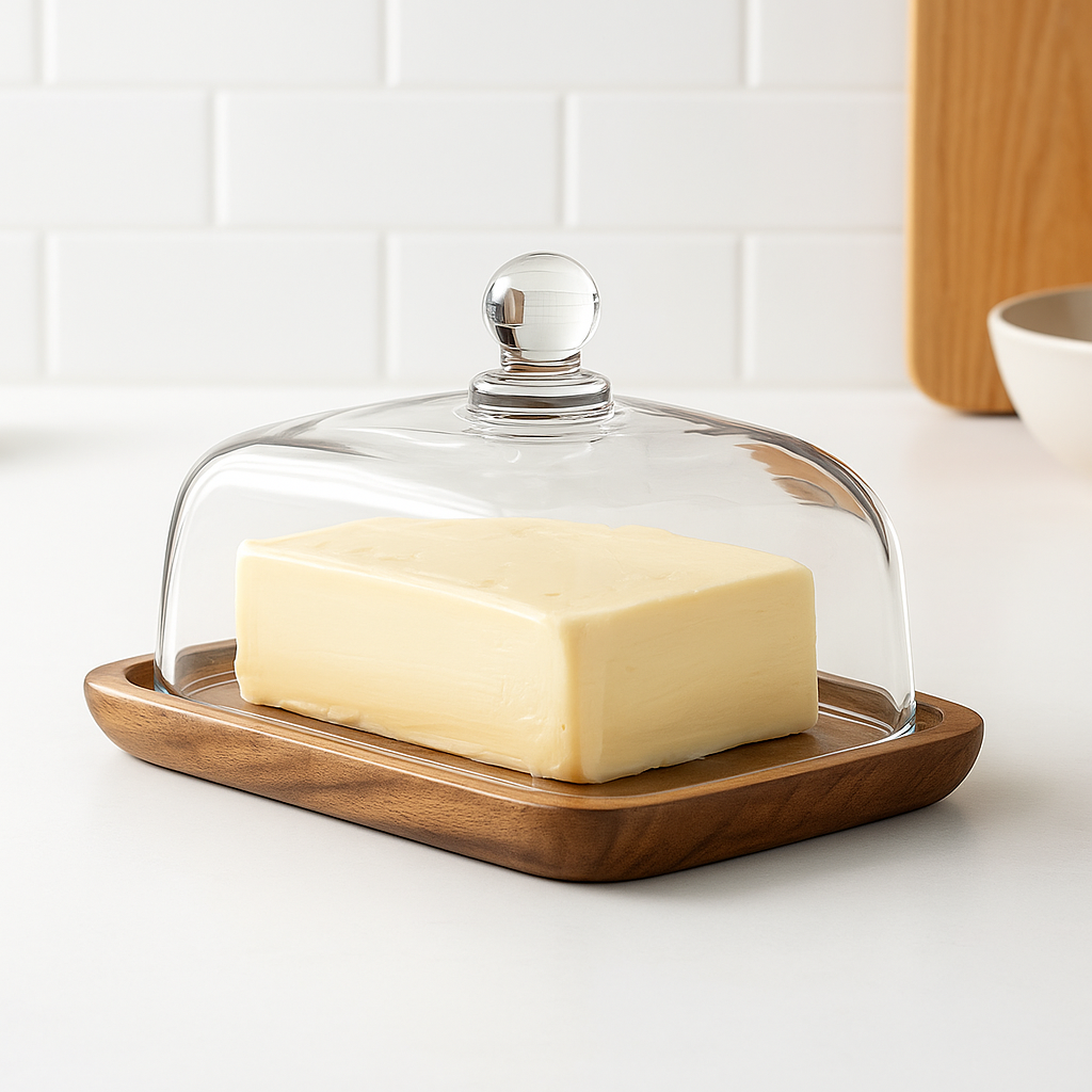 Butter Dish with Glass Dome Lid and Wooden Base