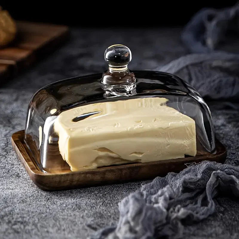 Butter Dish with Glass Dome Lid and Wooden Base