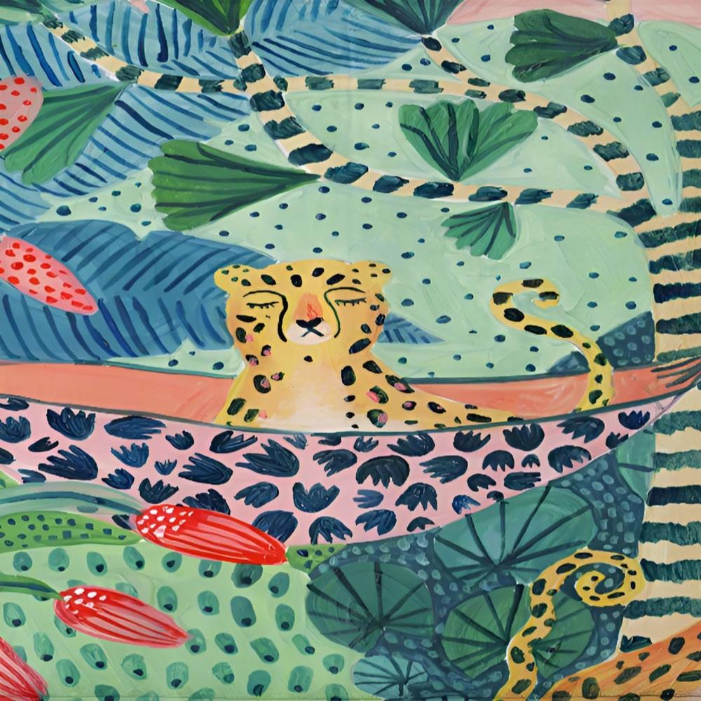 Bruseforhæng med junglemotiv tropisk illustration med leopard i hængekøje