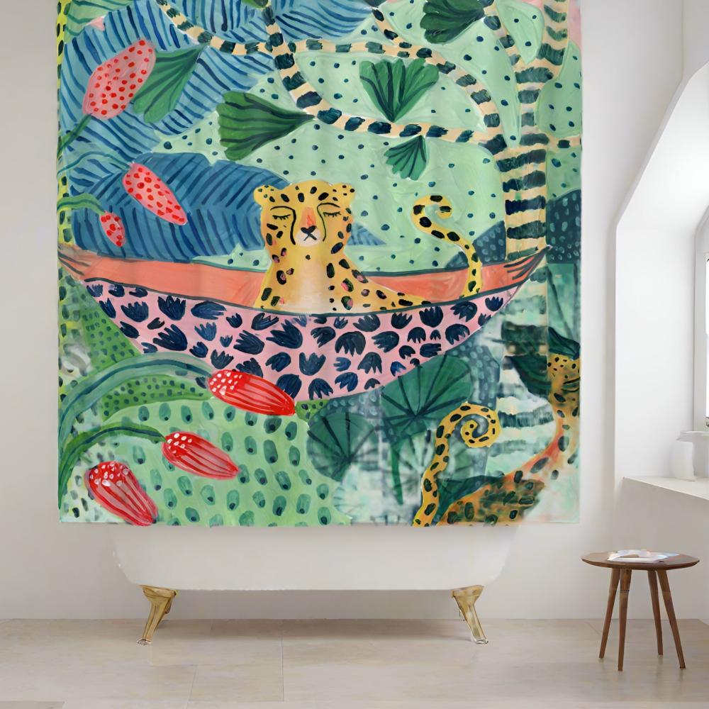 Bruseforhæng med junglemotiv tropisk illustration med leopard i hængekøje
