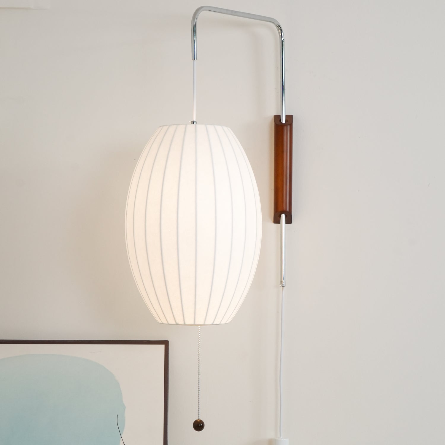 Plug In Wall Sconce Polymer Shade Walnut Backplate Mid Century Bedside