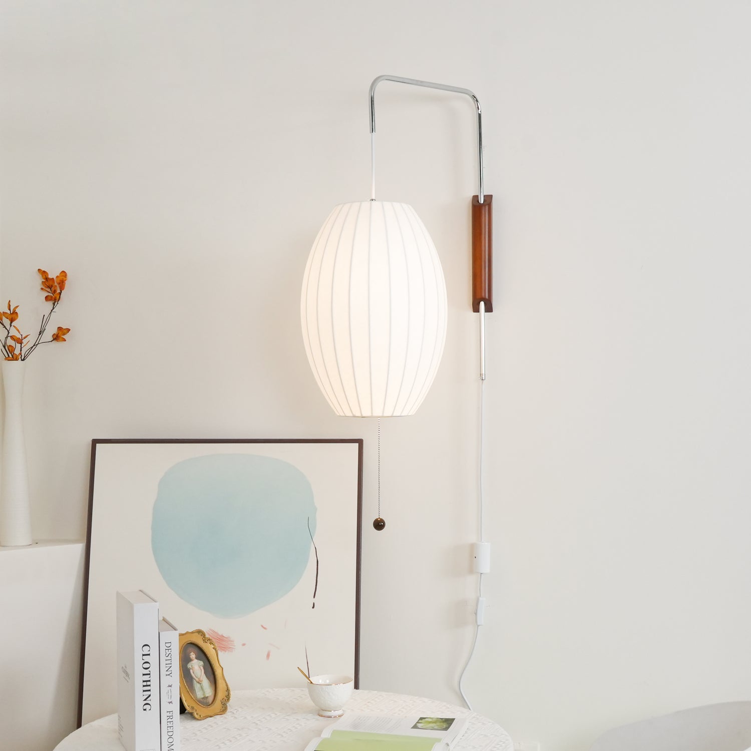 Plug In Wall Sconce Polymer Shade Walnut Backplate Mid Century Bedside