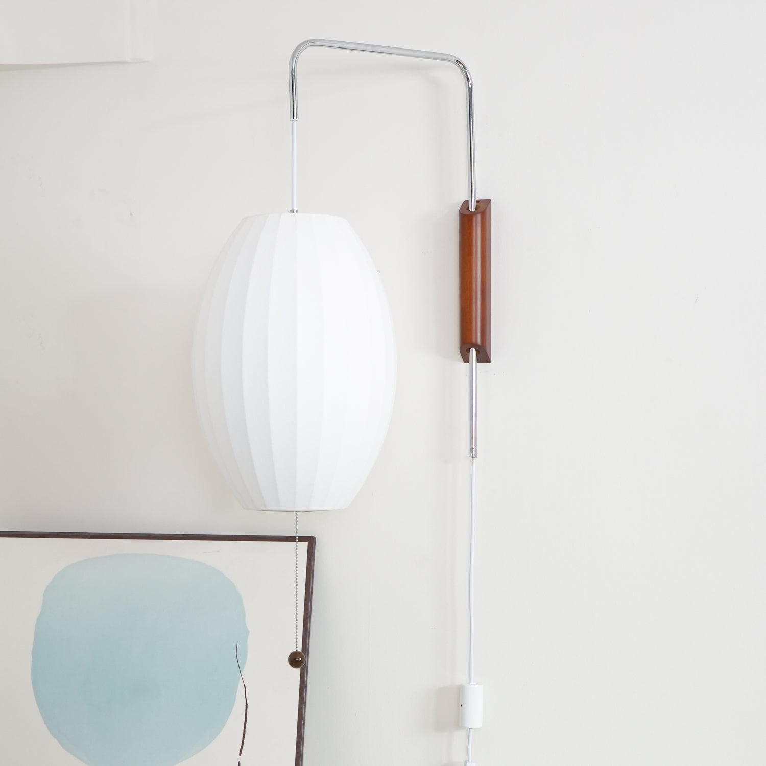Plug In Wall Sconce Polymer Shade Walnut Backplate Mid Century Bedside