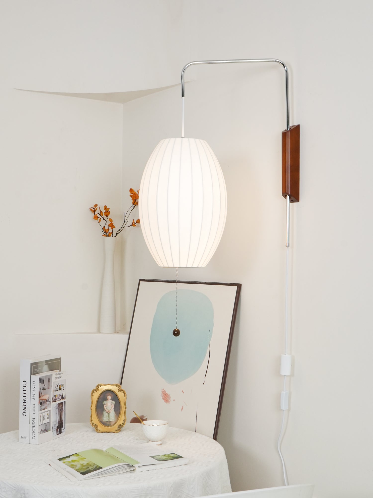 Plug In Wall Sconce Polymer Shade Walnut Backplate Mid Century Bedside
