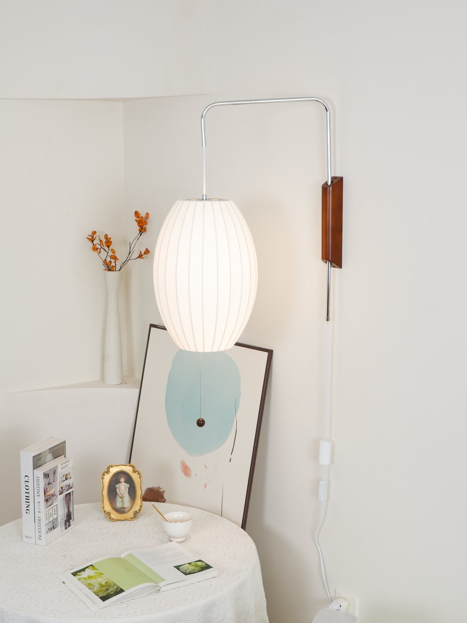 Plug In Wall Sconce Polymer Shade Walnut Backplate Mid Century Bedside
