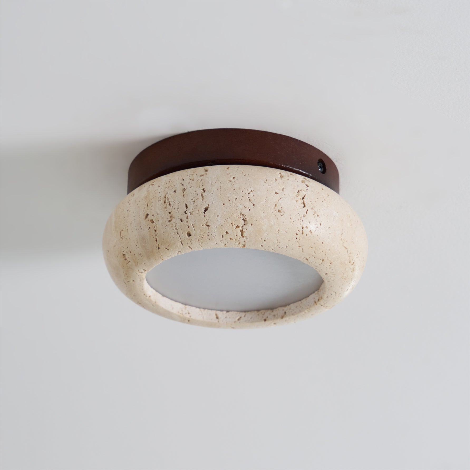 Travertine Stone Flush Mount Ceiling Light Wood Base Integrated LED