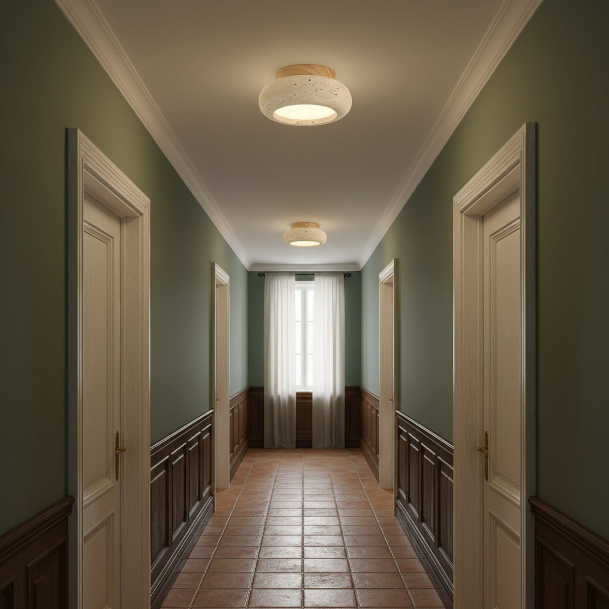 Travertine Stone Flush Mount Ceiling Light Wood Base Integrated LED