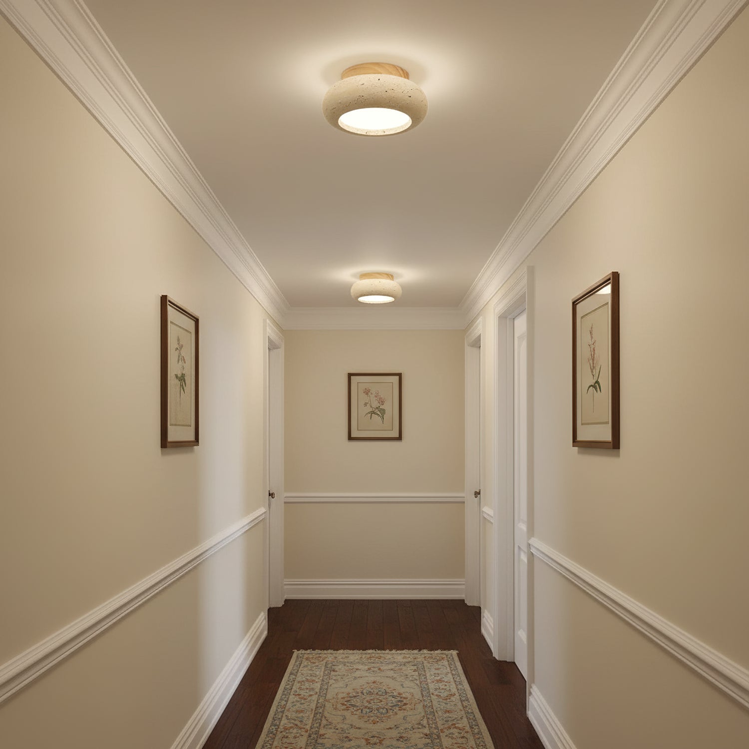 Travertine Stone Flush Mount Ceiling Light Wood Base Integrated LED