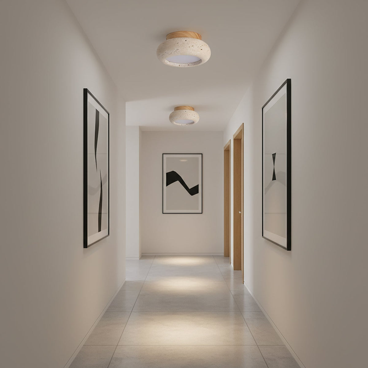 Travertine Stone Flush Mount Ceiling Light Wood Base Integrated LED