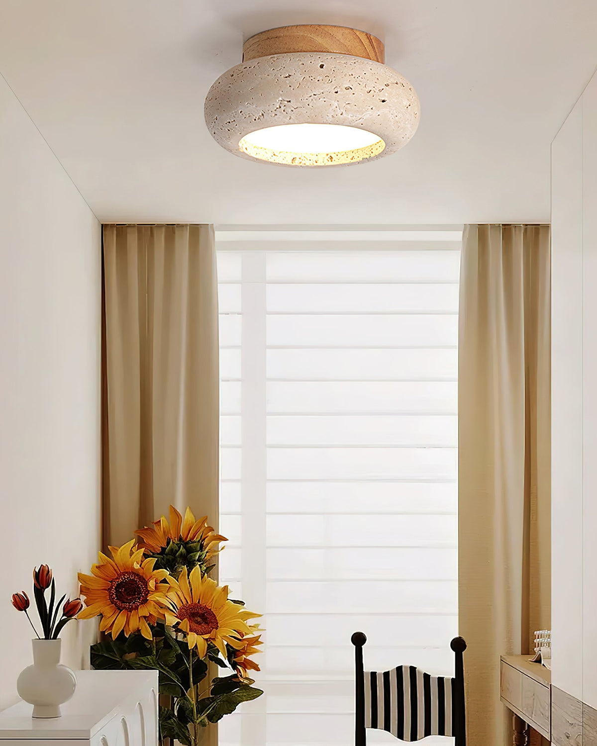 Travertine Stone Flush Mount Ceiling Light Wood Base Integrated LED