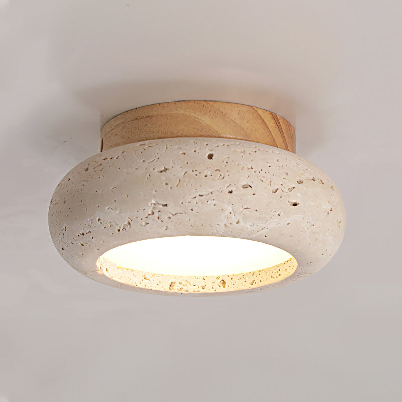 Travertine Stone Flush Mount Ceiling Light Wood Base Integrated LED