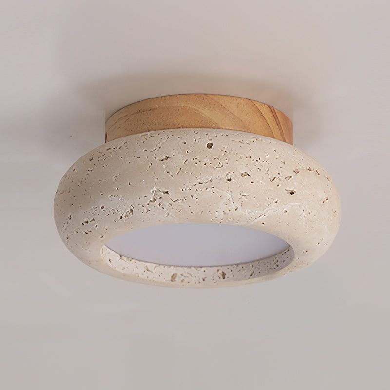 Travertine Stone Flush Mount Ceiling Light Wood Base Integrated LED