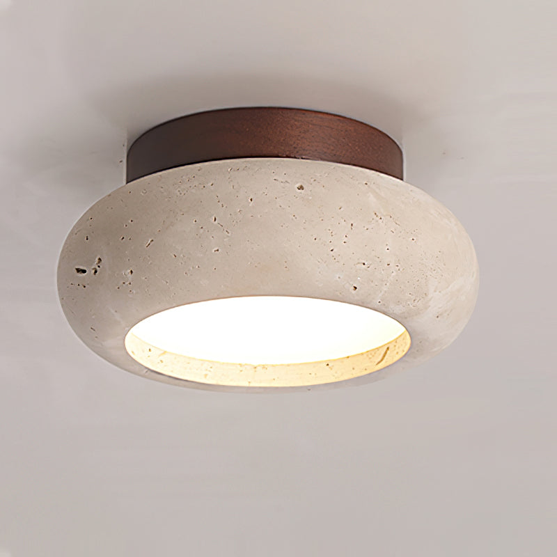 Travertine Stone Flush Mount Ceiling Light Wood Base Integrated LED