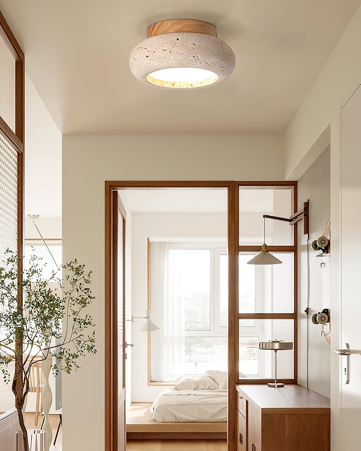 Travertine Stone Flush Mount Ceiling Light Wood Base Integrated LED
