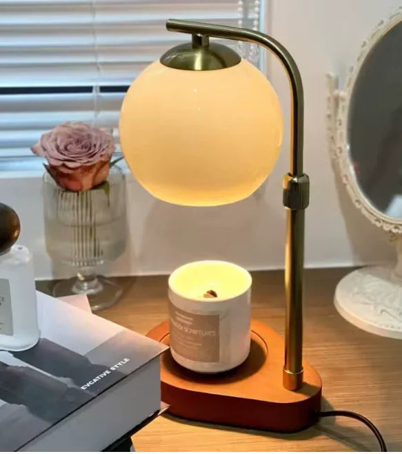 Candle Warmer Lamp with Globe Glass Shade and Wood Base