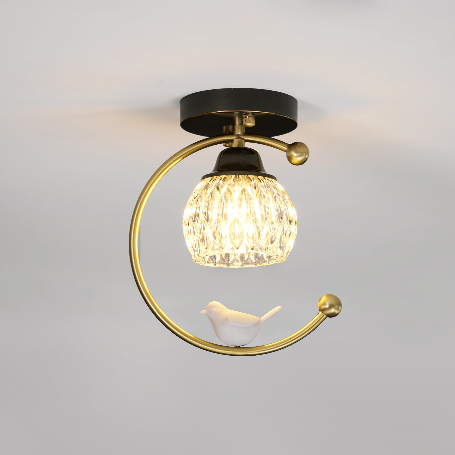 Ceramic Bird Ceiling Light Brass Frame Bud Glass Shades Entryway