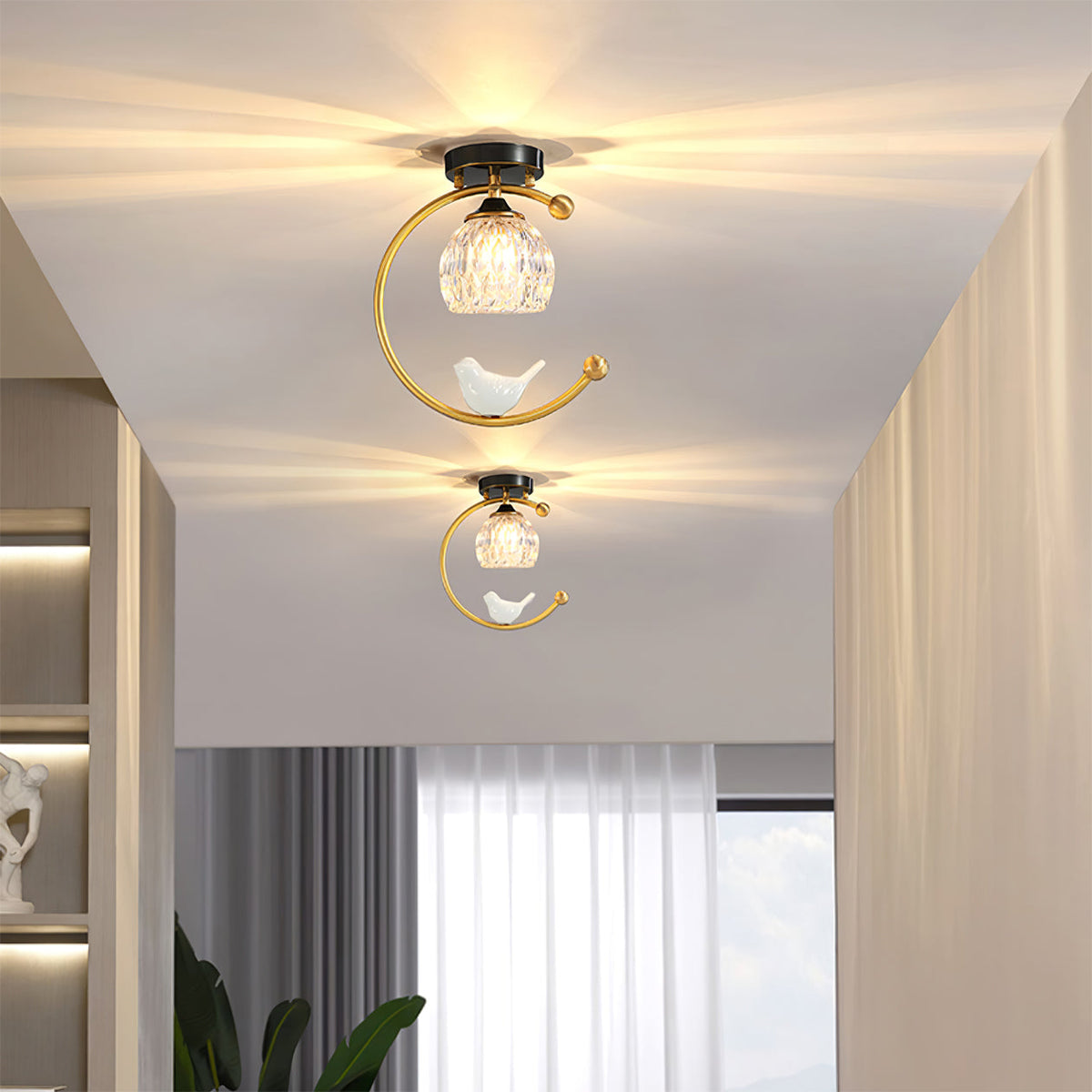 Ceramic Bird Ceiling Light Brass Frame Bud Glass Shades Entryway