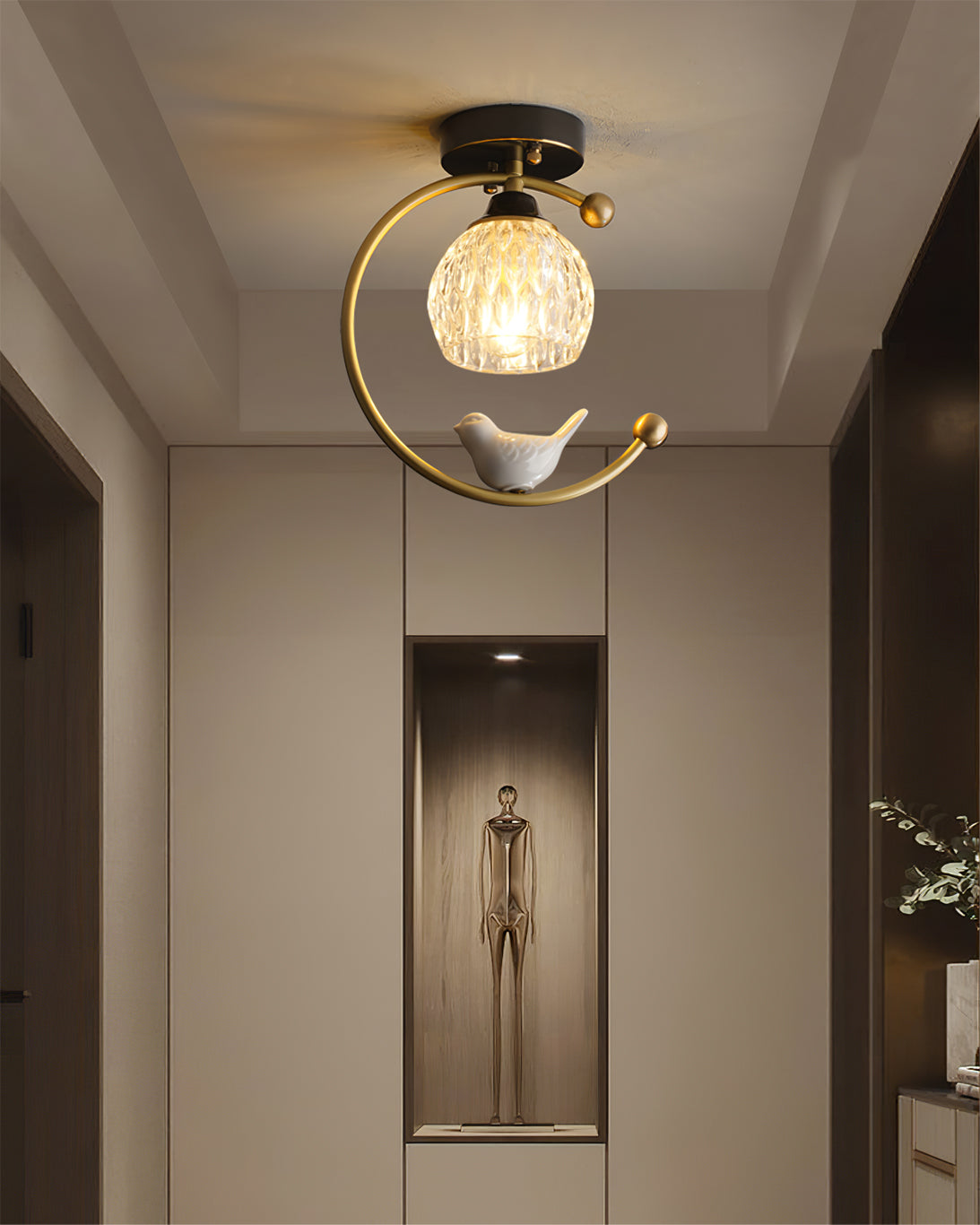 Ceramic Bird Ceiling Light Brass Frame Bud Glass Shades Entryway