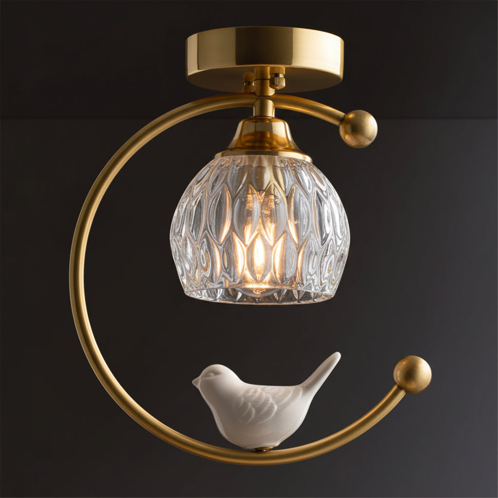 Ceramic Bird Ceiling Light Brass Frame Bud Glass Shades Entryway