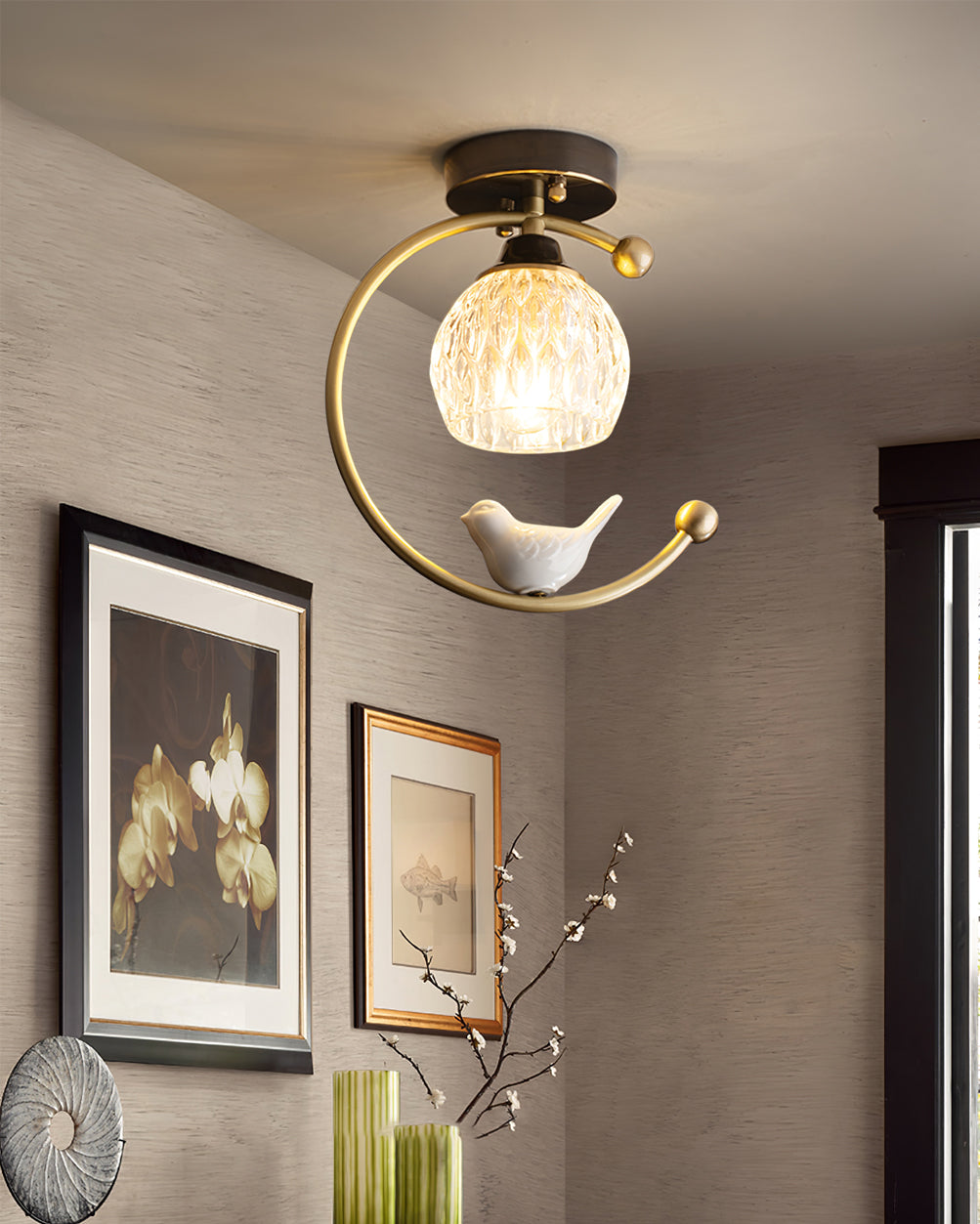 Ceramic Bird Ceiling Light Brass Frame Bud Glass Shades Entryway